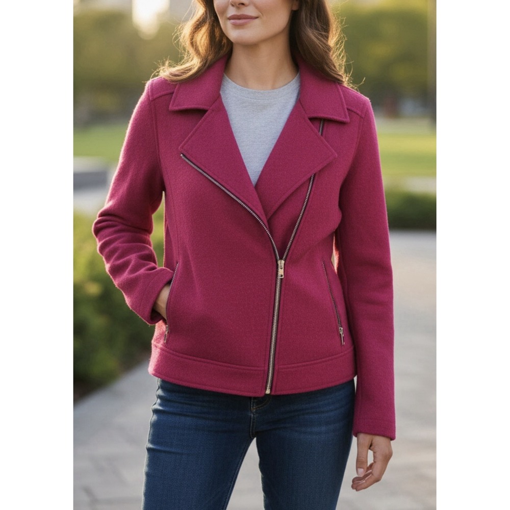 Tahari Pink Boiled Wool Moto Jacket M Bold Magenta Asymmetrical Coat Luxury